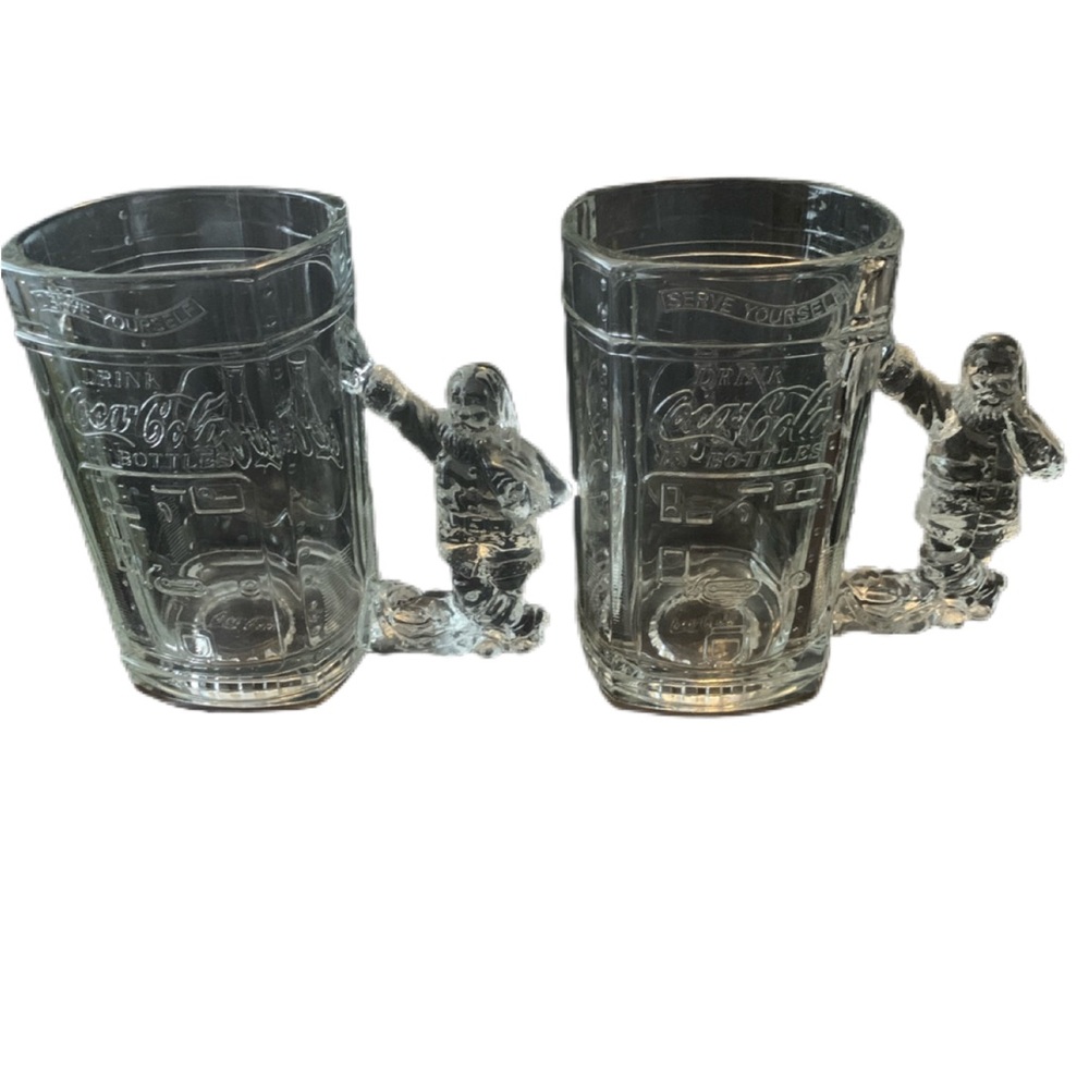 Vintage Coca-Cola 1997 Glass Lot Of 2 SANTA Mug Beer Stein Coke Machine Heavy 3D